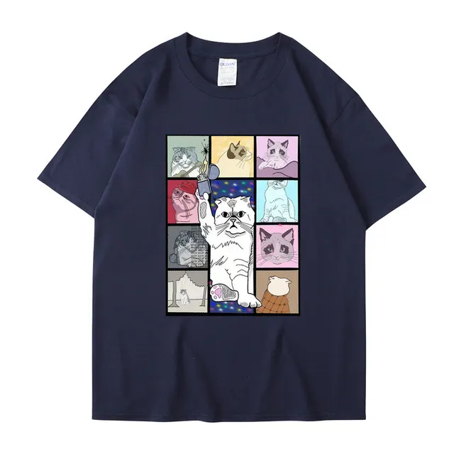 Animal Dog Cat Printed T shirt Loose Hip Hop Street Navy Blue - Shop at LoveMi
