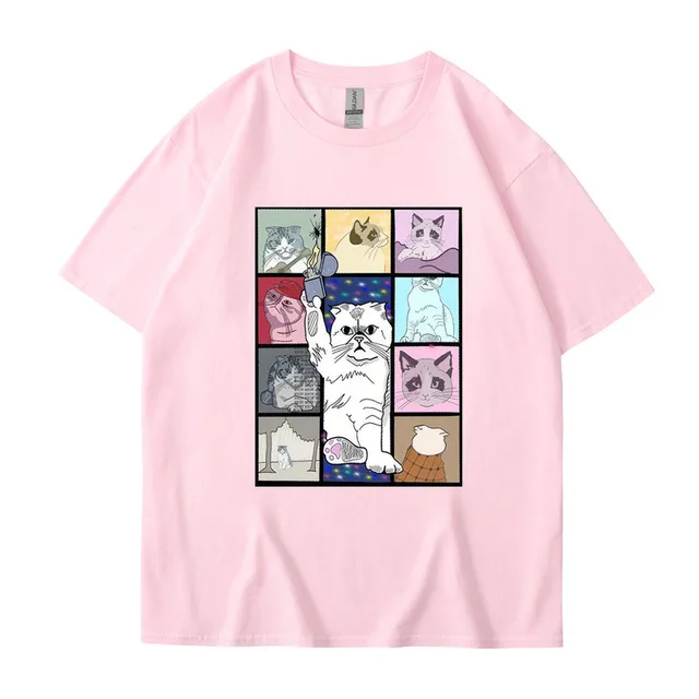 Animal Dog Cat Printed T shirt Loose Hip Hop Street Pink - Shop at LoveMi