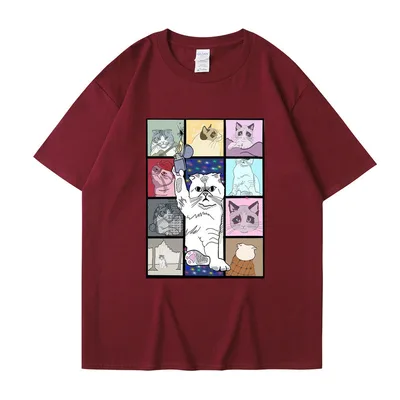 Animal Dog Cat Printed T shirt Loose Hip Hop Street Wine Red - Shop at LoveMi