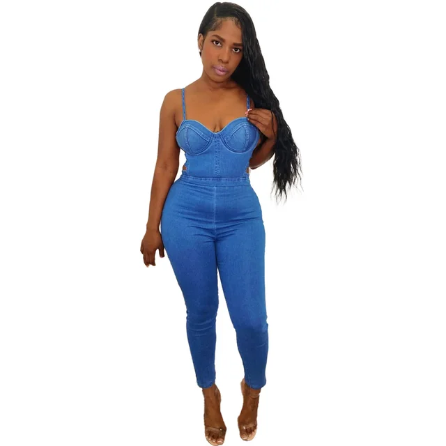 Women's Mid waist Stitching Blue Denim Jumpsuit Blue - Shop at LoveMi
