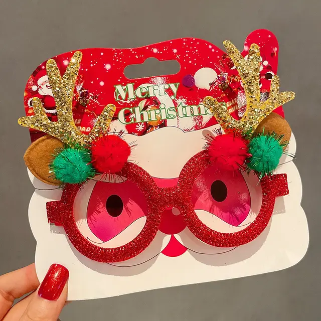 Christmas Elk Glasses Frame Dress Up Couple Fur Ball Antlers Glasses Gold - Shop at LoveMi