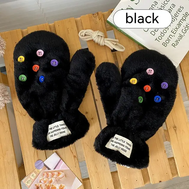 Original Plush Warm Gloves For Women In Winter Button Gloves Black - Shop at LoveMi