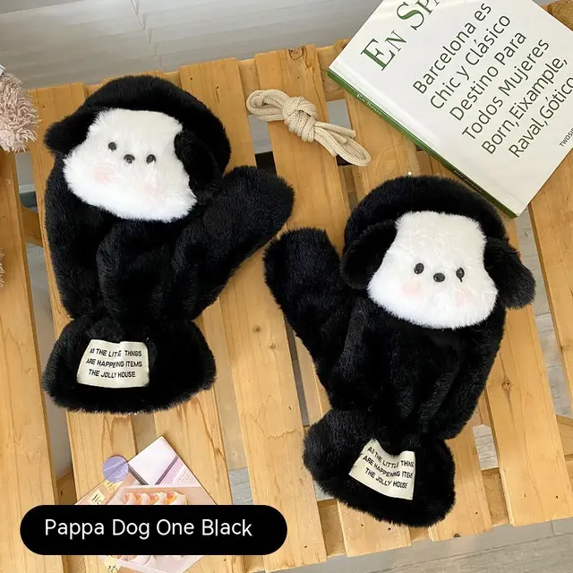Original Plush Warm Gloves For Women In Winter Papa Dog Black - Shop at LoveMi