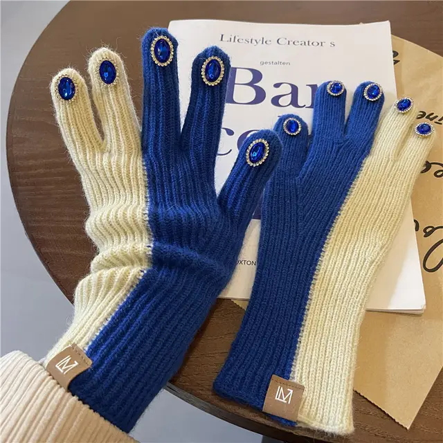 Design Sensitive Color Matching Knitted Rhinestone Gloves Blue - Shop at LoveMi