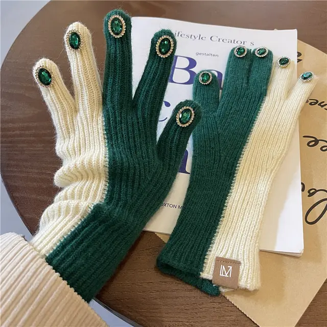 Design Sensitive Color Matching Knitted Rhinestone Gloves Green - Shop at LoveMi