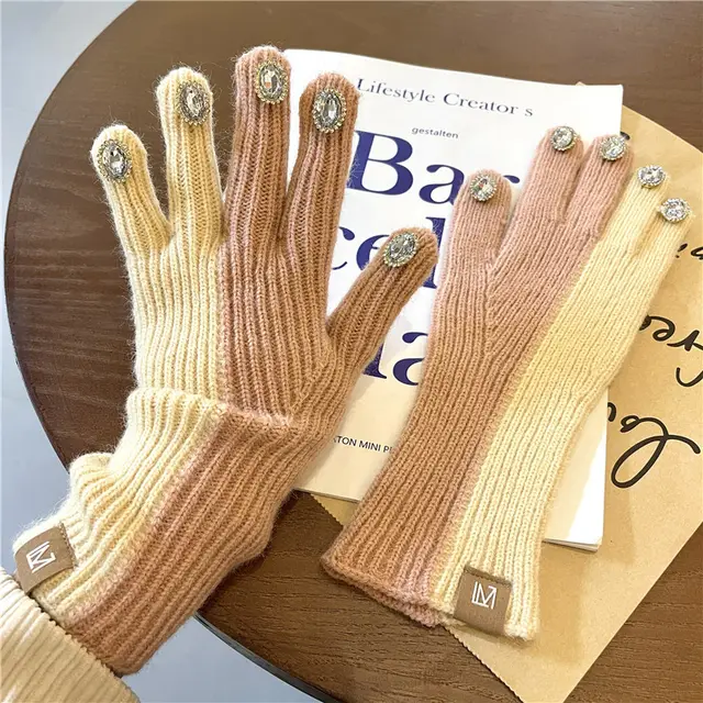 Design Sensitive Color Matching Knitted Rhinestone Gloves Pink - Shop at LoveMi