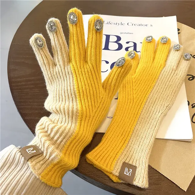 Design Sensitive Color Matching Knitted Rhinestone Gloves Yellow - Shop at LoveMi