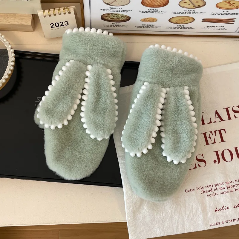 Simple Short Plush Warm Gloves For Women Winter - Green