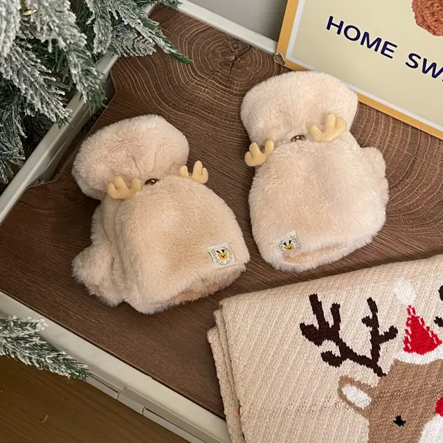 Elk Christmas Gloves Female Winter Warm Khaki - Shop at LoveMi
