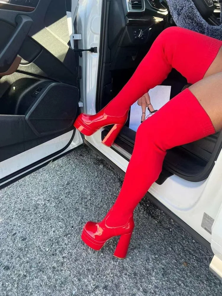 Wool Autumn And Winter Round Head Chunky Heel Over The Knee Boots Warm Flying Woven Stretch Socks Red - Shop at LoveMi