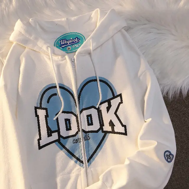 Polyester Fiber Hooded Sweater Students Korean Style Loose Design Couple Coat White - Shop at LoveMi