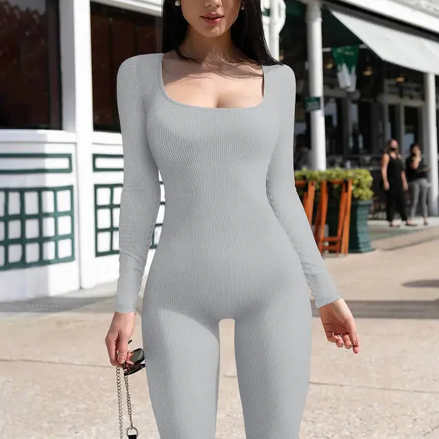 Long Sleeve Vest Jumpsuit Thread Square Collar Backless Hip Raise Slim Fit Sports Jumpsuit Light Gray - Shop at LoveMi
