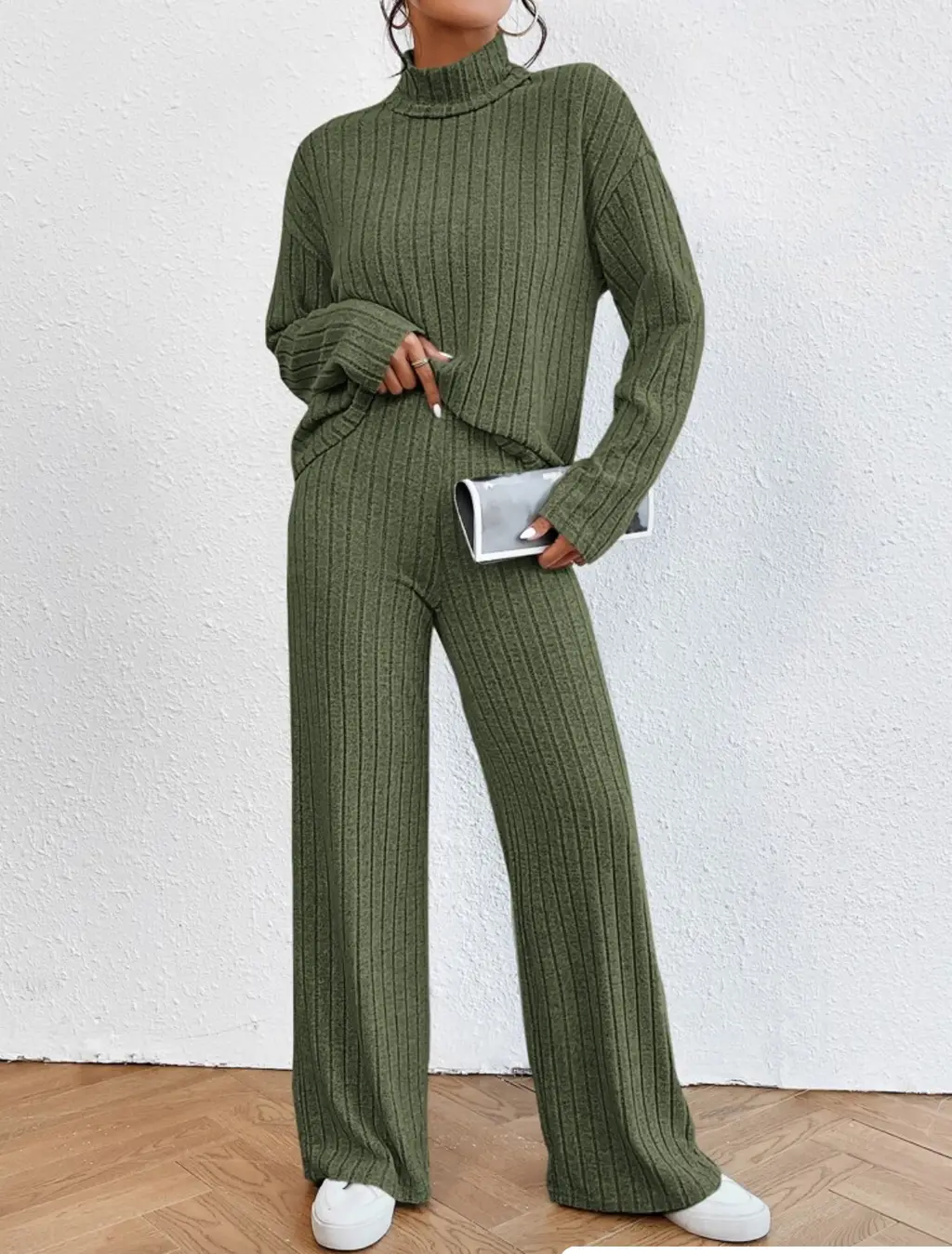 Turtleneck Long Sleeve Sunken Stripe Loose Wide Leg Pants Two-piece Set - Army Green