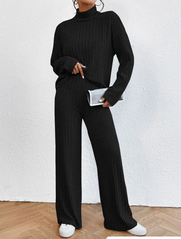 Turtleneck Long Sleeve Sunken Stripe Loose Wide Leg Pants Two-piece Set - Black