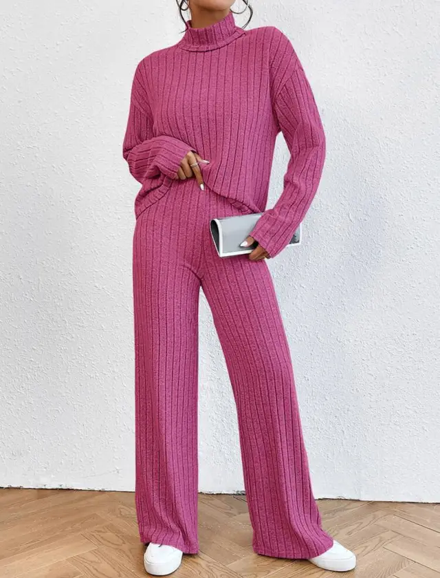 Turtleneck Long Sleeve Sunken Stripe Loose Wide Leg Pants Two piece Set Rose Red - Shop at LoveMi