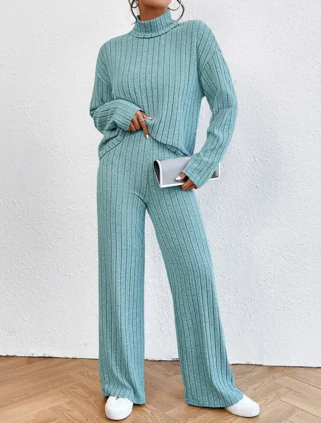 Turtleneck Long Sleeve Sunken Stripe Loose Wide Leg Pants Two piece Set Sky Blue - Shop at LoveMi