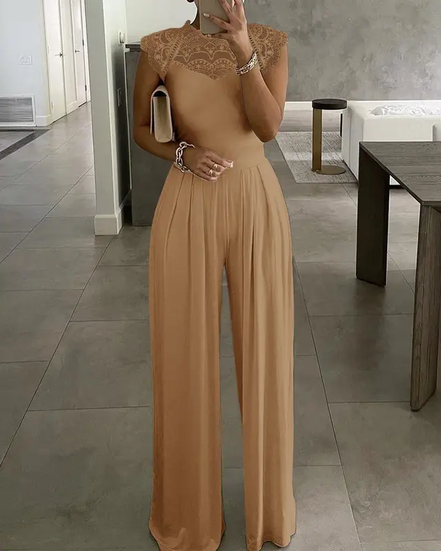 Women's Solid Color Loose Casual Lace Jumpsuit Brown - Shop at LoveMi