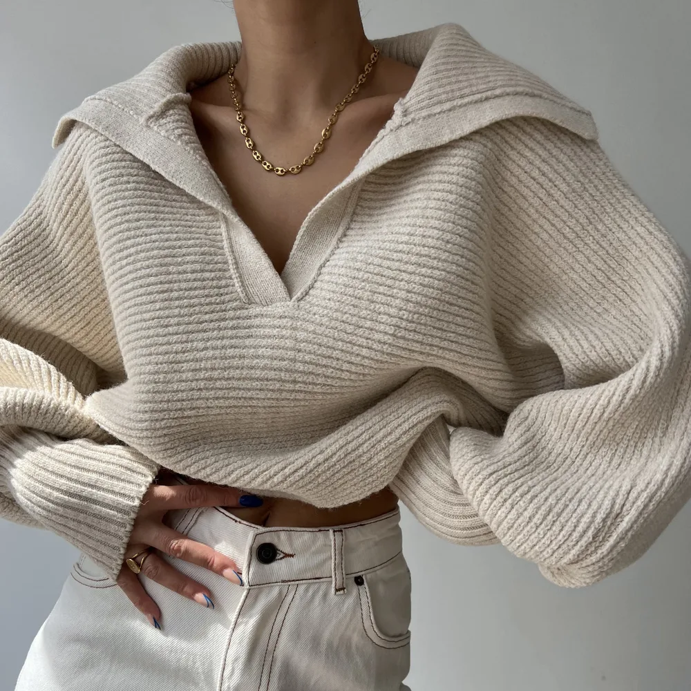 Lapel Pullover Knitting Women's Top Apricot - Shop at LoveMi