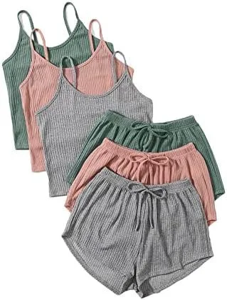 Women's Rib Knitted Crop top Spaghetti strap Lace up Shorts Suit Gray Pink Green - Shop at LoveMi