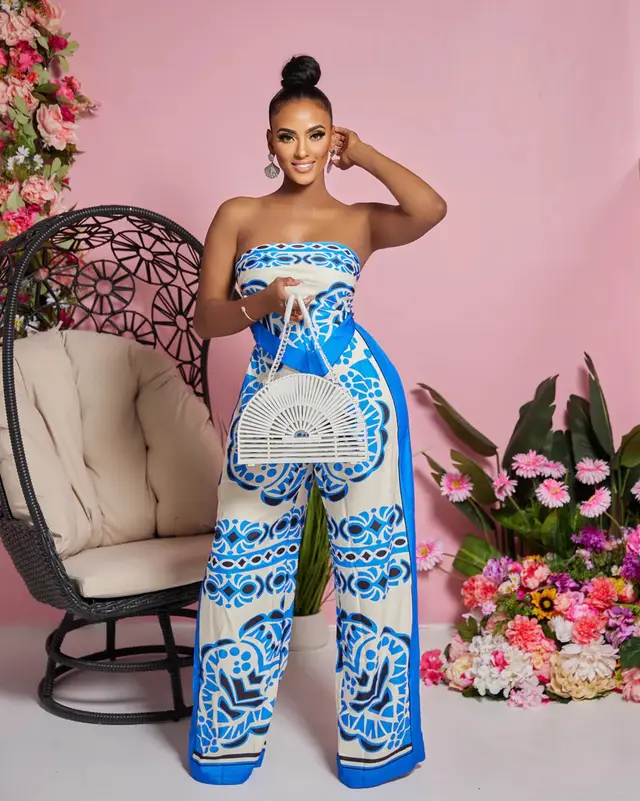 Printed Tube Top Apron Trousers Suit Blue - Shop at LoveMi