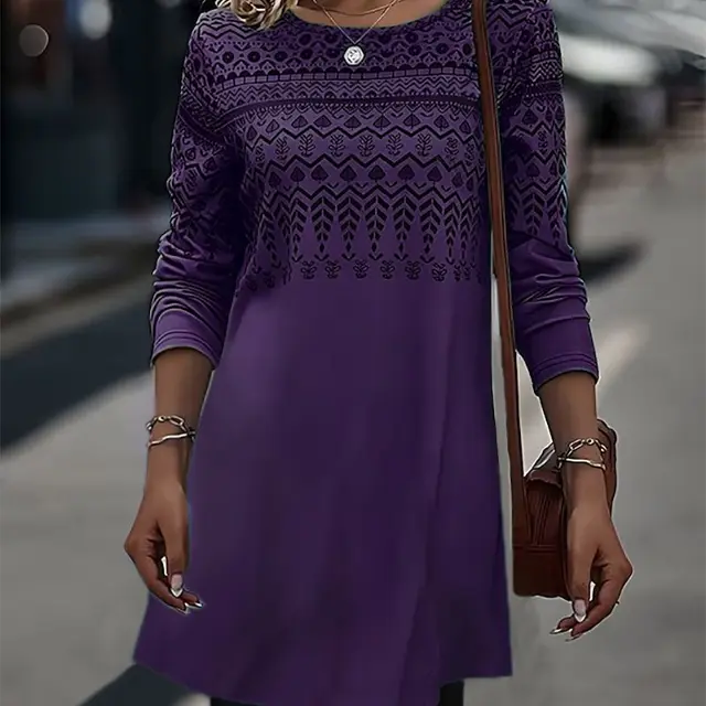 Women's Fashionable Printed Long sleeved Mid length Knitted Top Purple - Shop at LoveMi