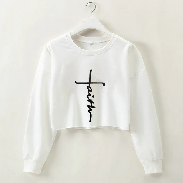 Street Style Letter Printing Long-sleeved Round-neck Pullover - Short Model In White Color - View 1