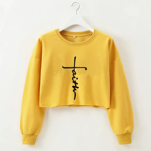 Street Style Letter Printing Long sleeved Round neck Pullover Short, Yellow - Shop at LoveMi
