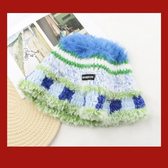 Crochet Woolen Bucket Hat Korean Punk Knitted Blue - Shop at LoveMi
