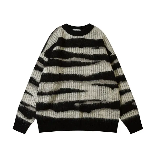 European And American Striped With Fleece Lining Round Neck Sweater Autumn And Winter Loose Casual Black - Shop at LoveMi