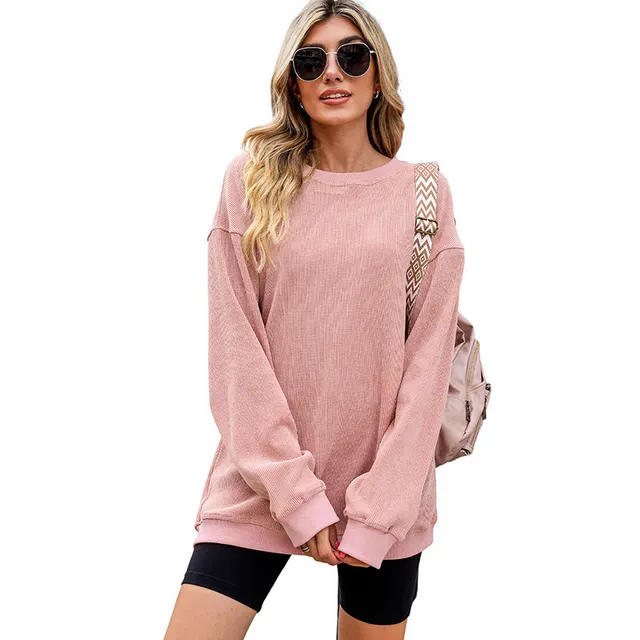 Autumn Fashion Women's Wear Thread Knitted Long Sleeve Loose Sweatshirt Pink - Shop at LoveMi