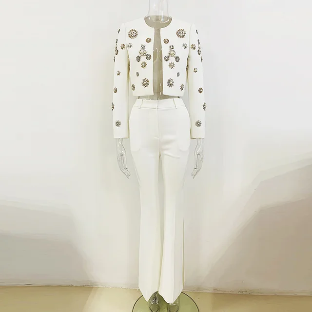 Fashionable Jacket Bell bottom Pants Suit White - Shop at LoveMi