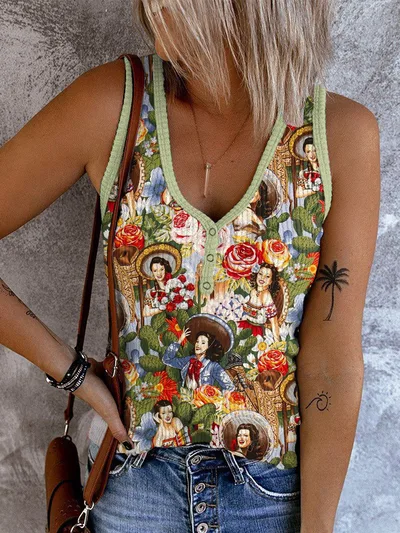 Women's Clothing Abstract Printing Casual V neck Women's Sleeveless Vest Kkwvs181126Grn M - Shop at LoveMi