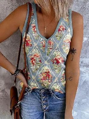 Women's Clothing Abstract Printing Casual V neck Women's Sleeveless Vest Kkwvs181173Blu 5Xl - Shop at LoveMi