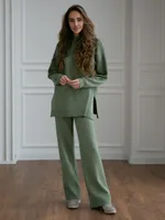 Women's Solid Color Knitted Turtleneck Slit Sweater Suit - Green