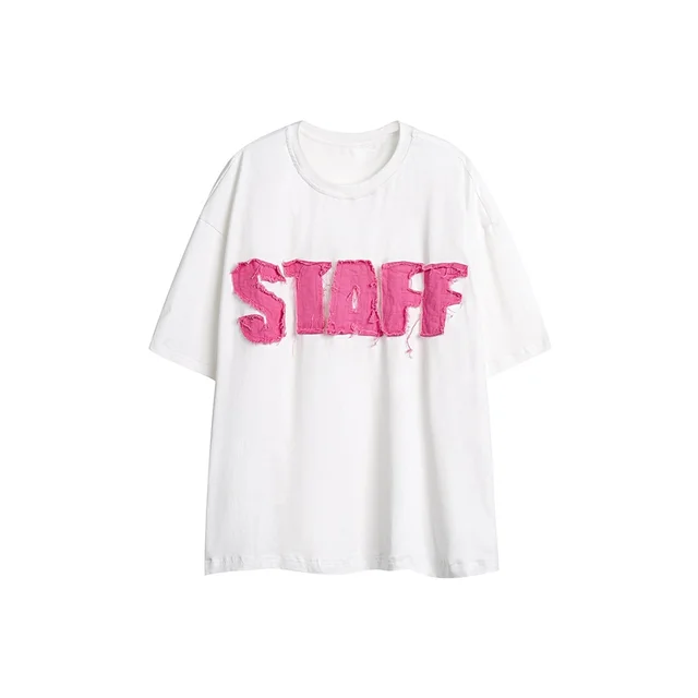 Vintage Patch Embroidered T shirt Men And Women Unisex Style Loose Short Sleeve White - Shop at LoveMi