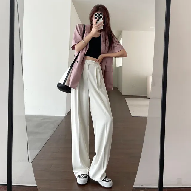Women's Wide leg Design Pants Spring And Autumn High Waist Draping Apricot - Shop at LoveMi