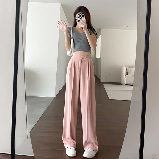 Women's Wide leg Design Pants Spring And Autumn High Waist Draping Pink - Shop at LoveMi