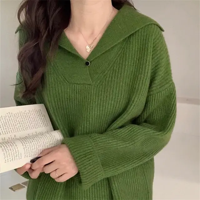 Women's Lapel Knitwear Pullover Sweater Green - Shop at LoveMi