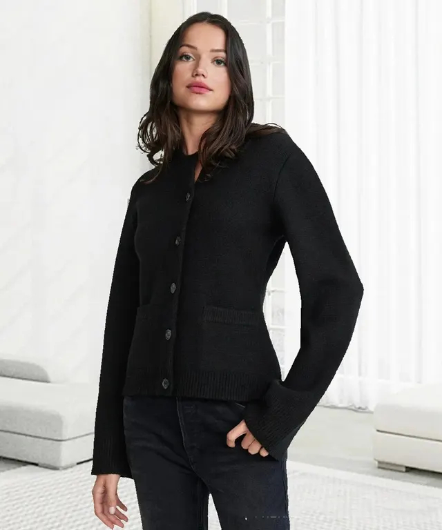 Women's Solid Color Round Neck Sweater Loose Knitted Cardigan Black - Shop at LoveMi