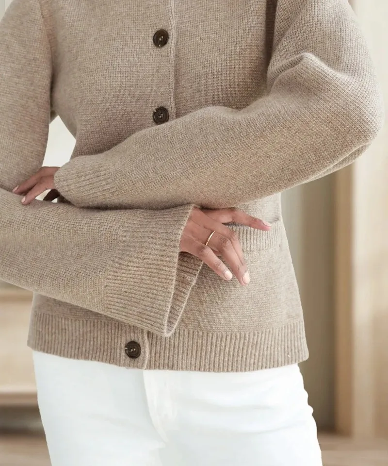 Women's Solid Color Round Neck Sweater Loose Knitted Cardigan Taupe - Shop at LoveMi