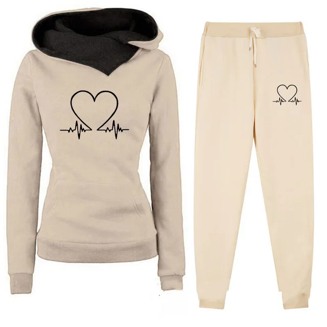Women's Fleece lined Hooded Sportswear Suit Khaki Black - Shop at LoveMi