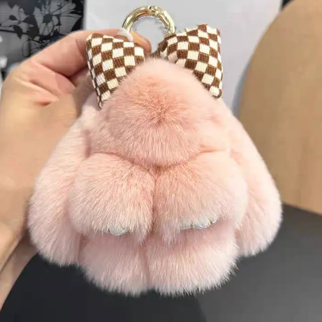Rabbit Fur Bow Bunny Car Key Ring Light Pink - Shop at LoveMi