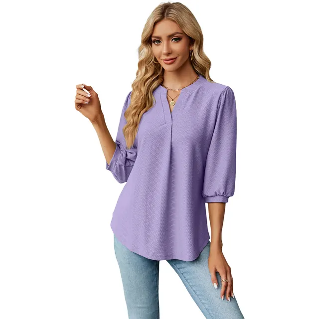 Solid Color Lace Collar Jacquard Long Sleeve Loose fitting T shirt Top Purple - Shop at LoveMi
