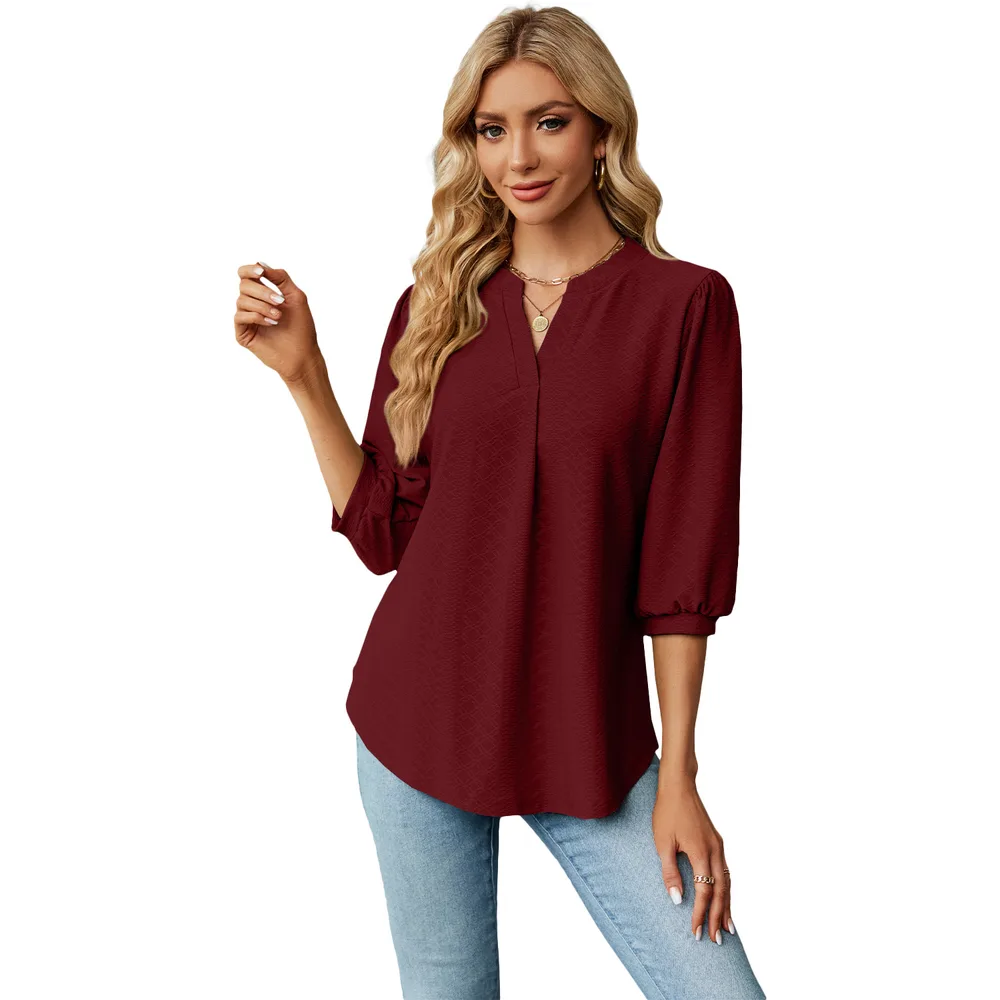 Solid Color Lace Collar Jacquard Long Sleeve Loose fitting T shirt Top Red - Shop at LoveMi