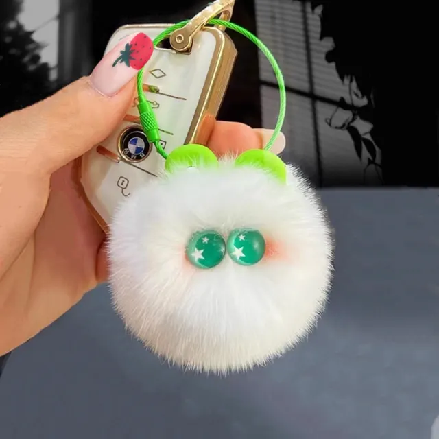 Rabbit Fur Cute Rainbow Hair Bulb Pendant Keychain Emerald Green - Shop at LoveMi