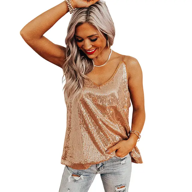 Sequin Sling Vest European And American Backless V neck Sexy Sleeveless Apricot - Shop at LoveMi