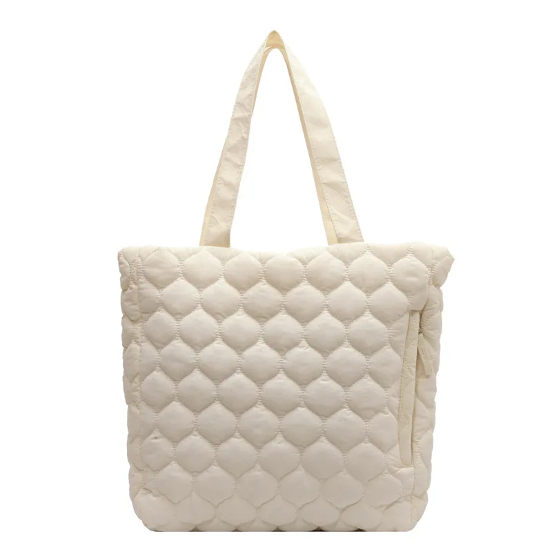 Rhombus Cotton padded Coat Shoulder Tote Bag Beige - Shop at LoveMi