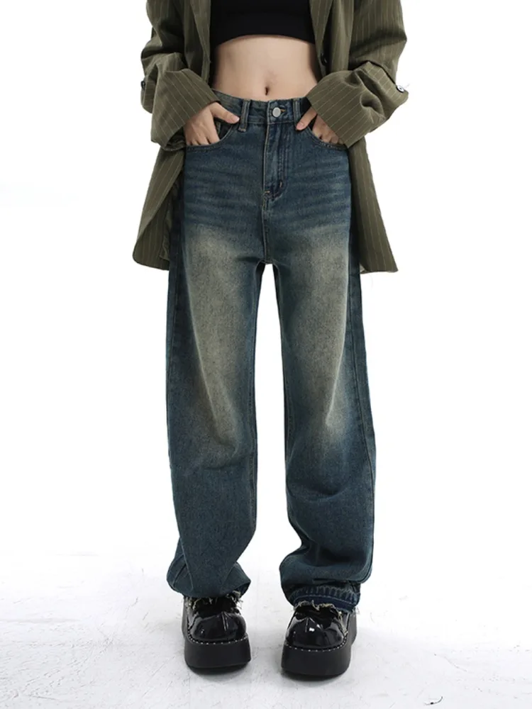 Waisted Straight Tube Retro Jeans With Loose Fitting Wide Leg High Street Mop Pants Blue - Shop at LoveMi