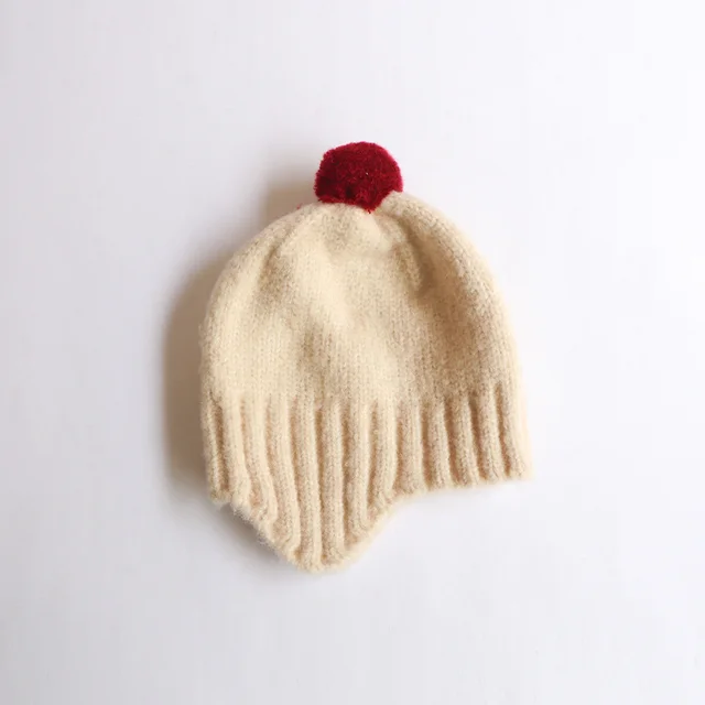 Autumn And Winter New Male And Female Baby Cute Earflaps Fur Ball Warm Knitted Hat Beige - Shop at LoveMi