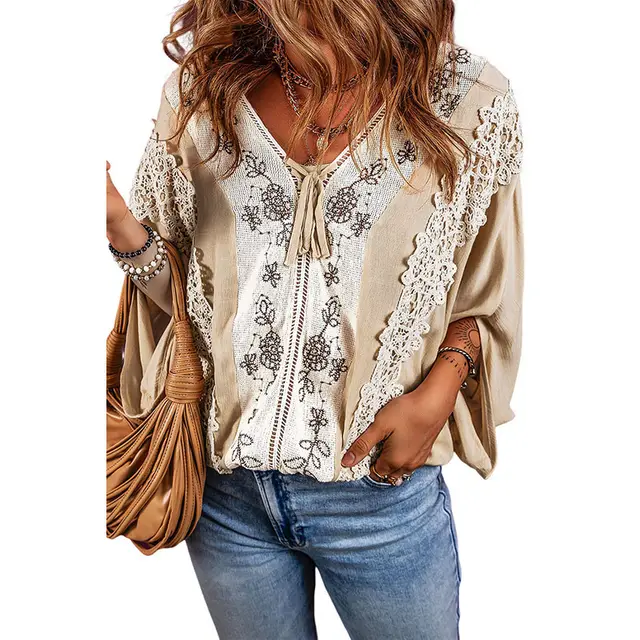 Shiying Early Autumn Thin Lace Patchwork Chiffon Shirt Casual Loose Contrast Pullover Lc25123884 P1018 - Shop at LoveMi